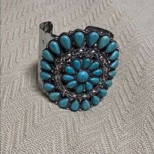 Turquoise Cluster Silver Cuff Bracelet - Women's Jewelry